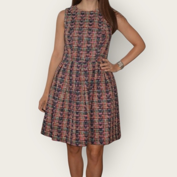 Shoshanna Navy Pink Multicolor Textured Tweed Sleeveless Fit & Flare Dress - Picture 3 of 12